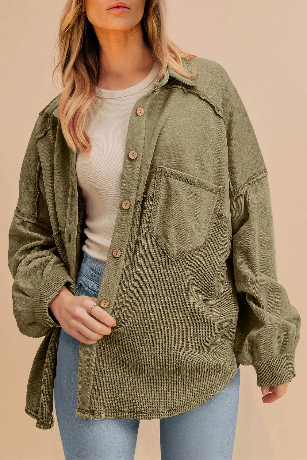 KaleaBoutique Waffle Knit Patchwork Buttoned Oversized Shacket