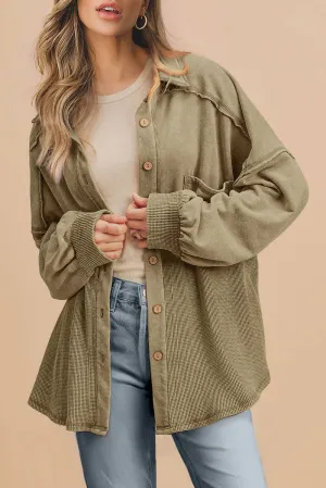 KaleaBoutique Waffle Knit Patchwork Buttoned Oversized Shacket