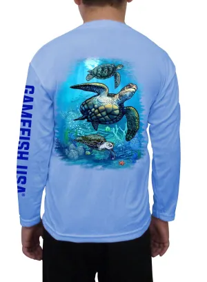 Kid's UPF 50 Long Sleeve Microfiber Moisture Wicking Performance Fishing Shirt Turtles