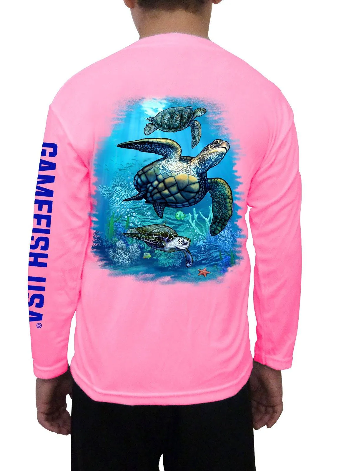 Kid's UPF 50 Long Sleeve Microfiber Moisture Wicking Performance Fishing Shirt Turtles