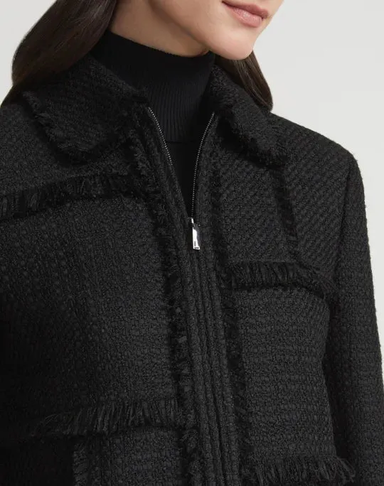 LAFAYETTE 148 Boucle Tweed Hand Fringed Patchwork Cropped Jacket
