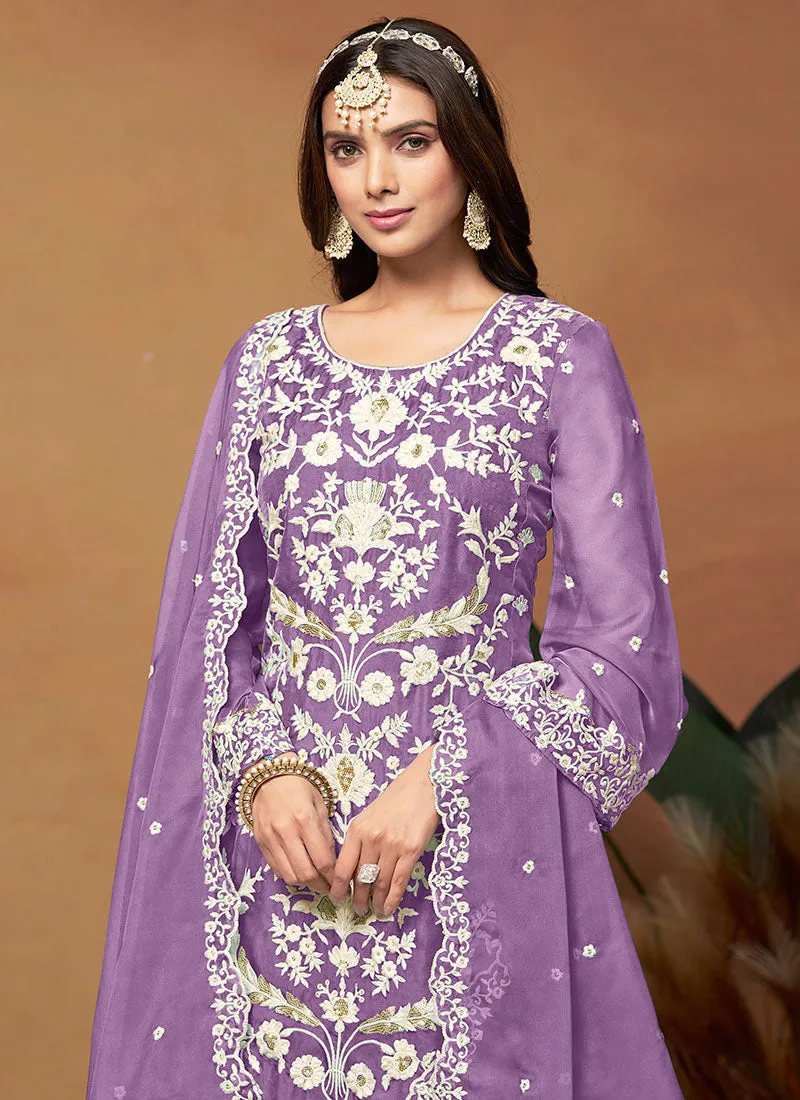 Lavender Thread And Sequence  Embroidery Pant Style Salwar Suit