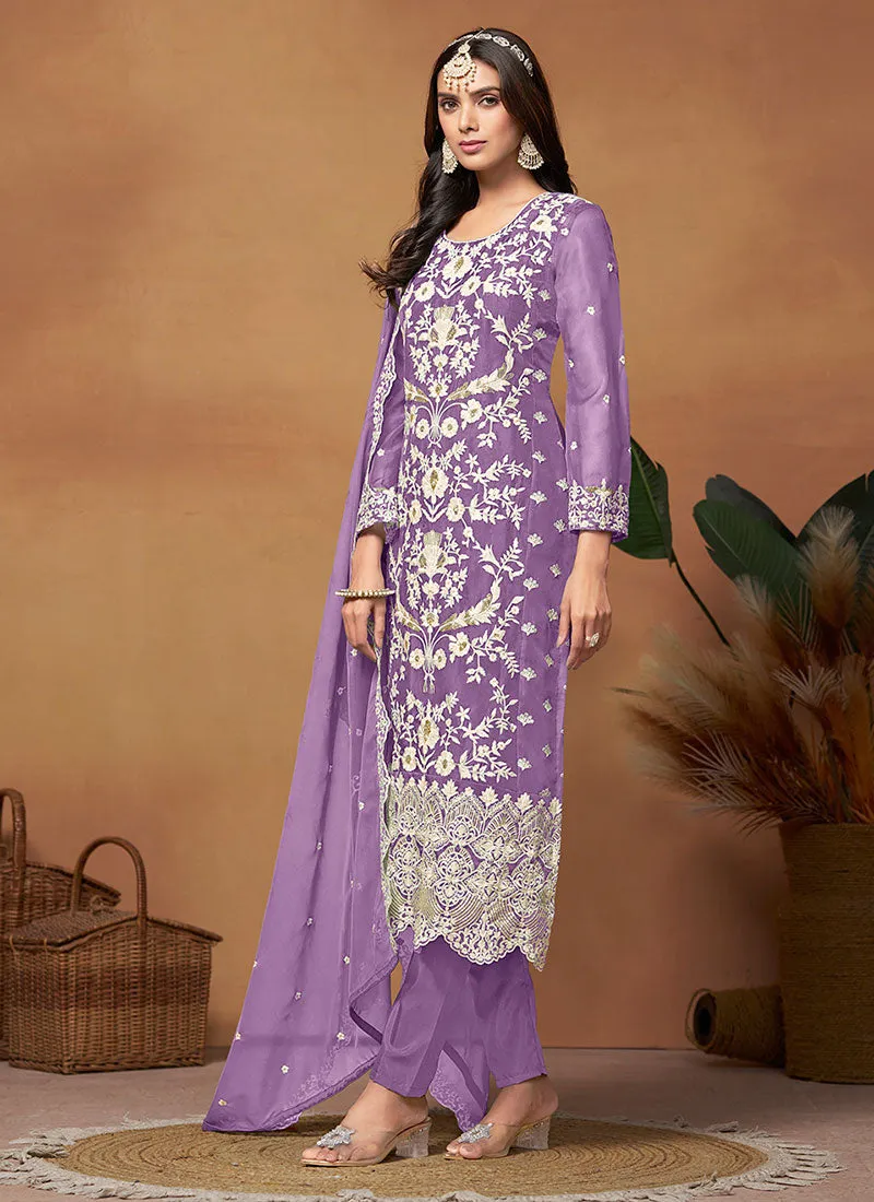 Lavender Thread And Sequence  Embroidery Pant Style Salwar Suit