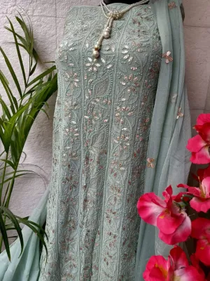 Leaf Green-Grey heavy designer Chikankari Gota patti Salwar Suit unstitched fabric
