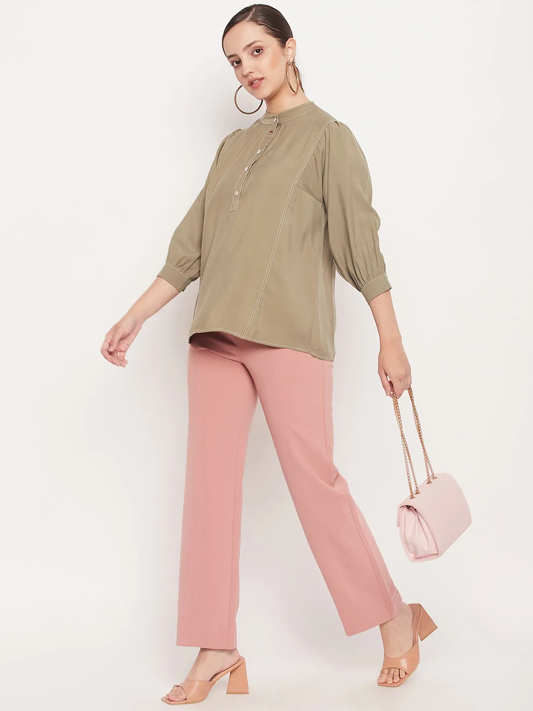 Madame Mandarin Collar Khaki Puff Sleeve Top