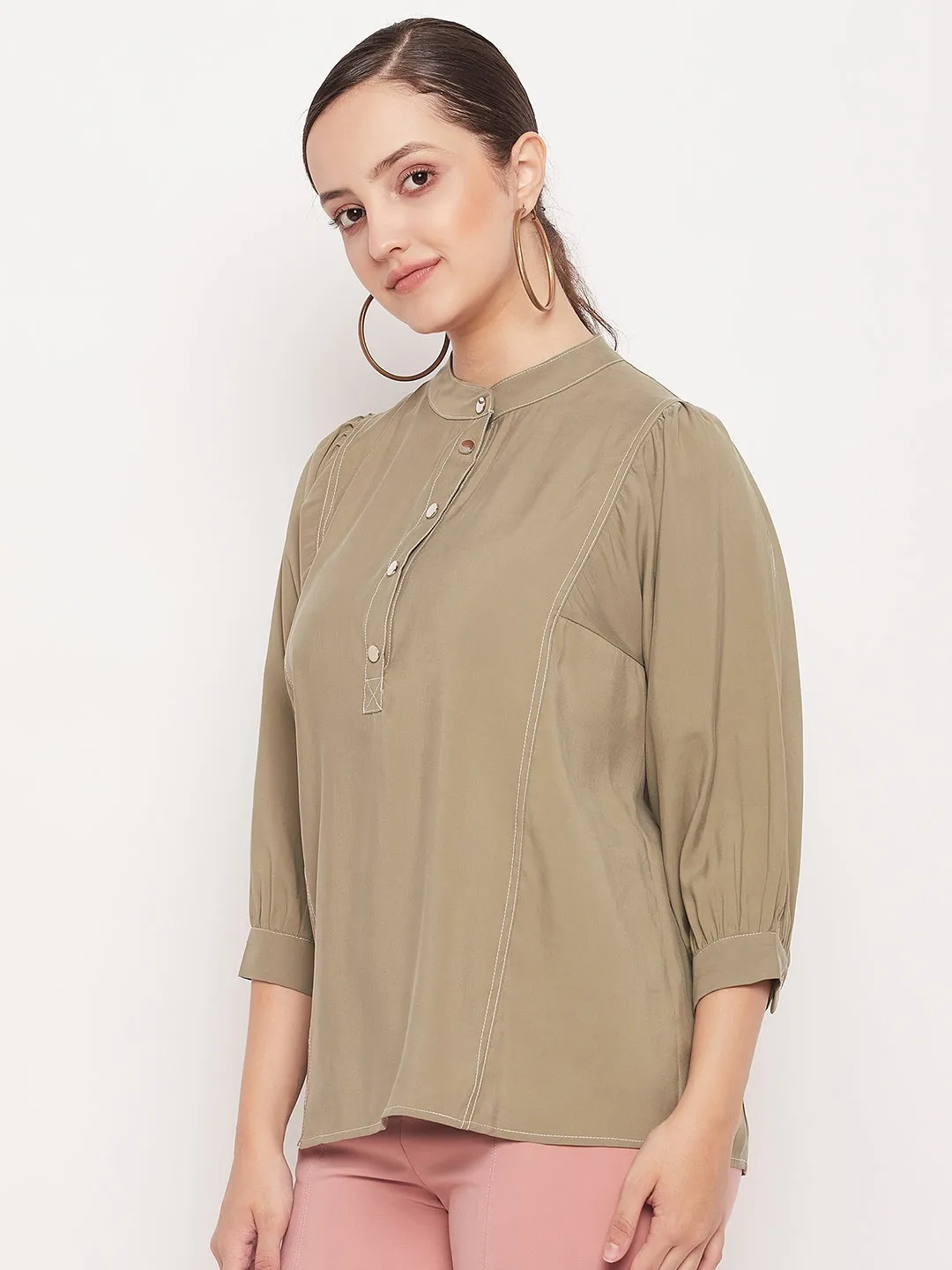 Madame Mandarin Collar Khaki Puff Sleeve Top