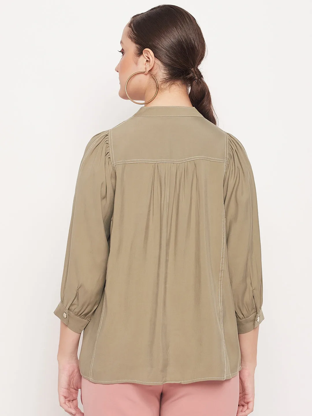 Madame Mandarin Collar Khaki Puff Sleeve Top