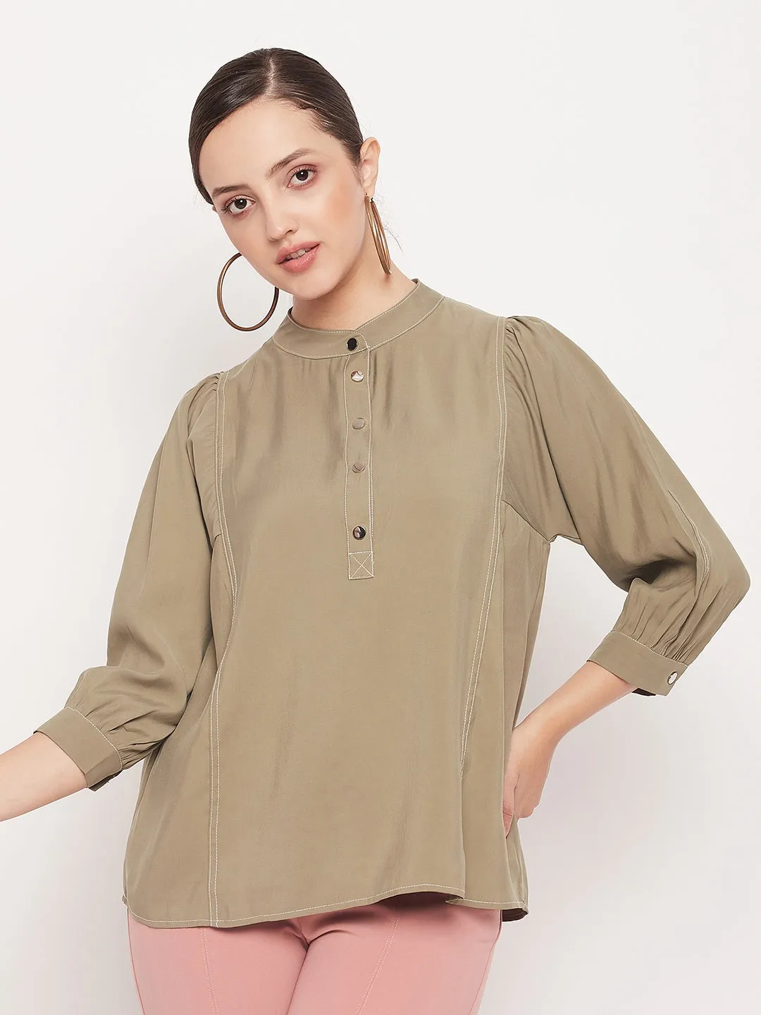 Madame Mandarin Collar Khaki Puff Sleeve Top