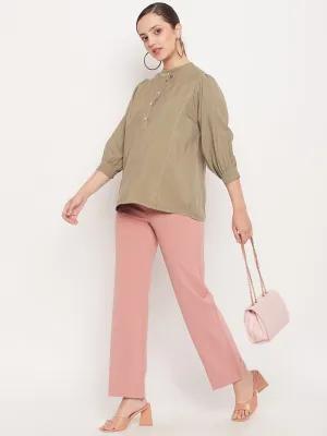 Madame Mandarin Collar Khaki Puff Sleeve Top
