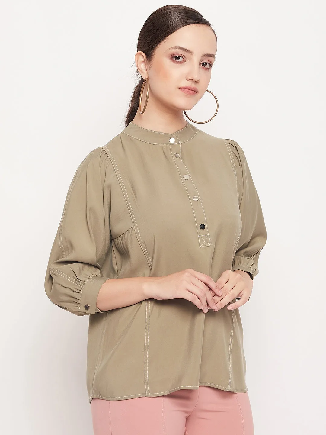 Madame Mandarin Collar Khaki Puff Sleeve Top