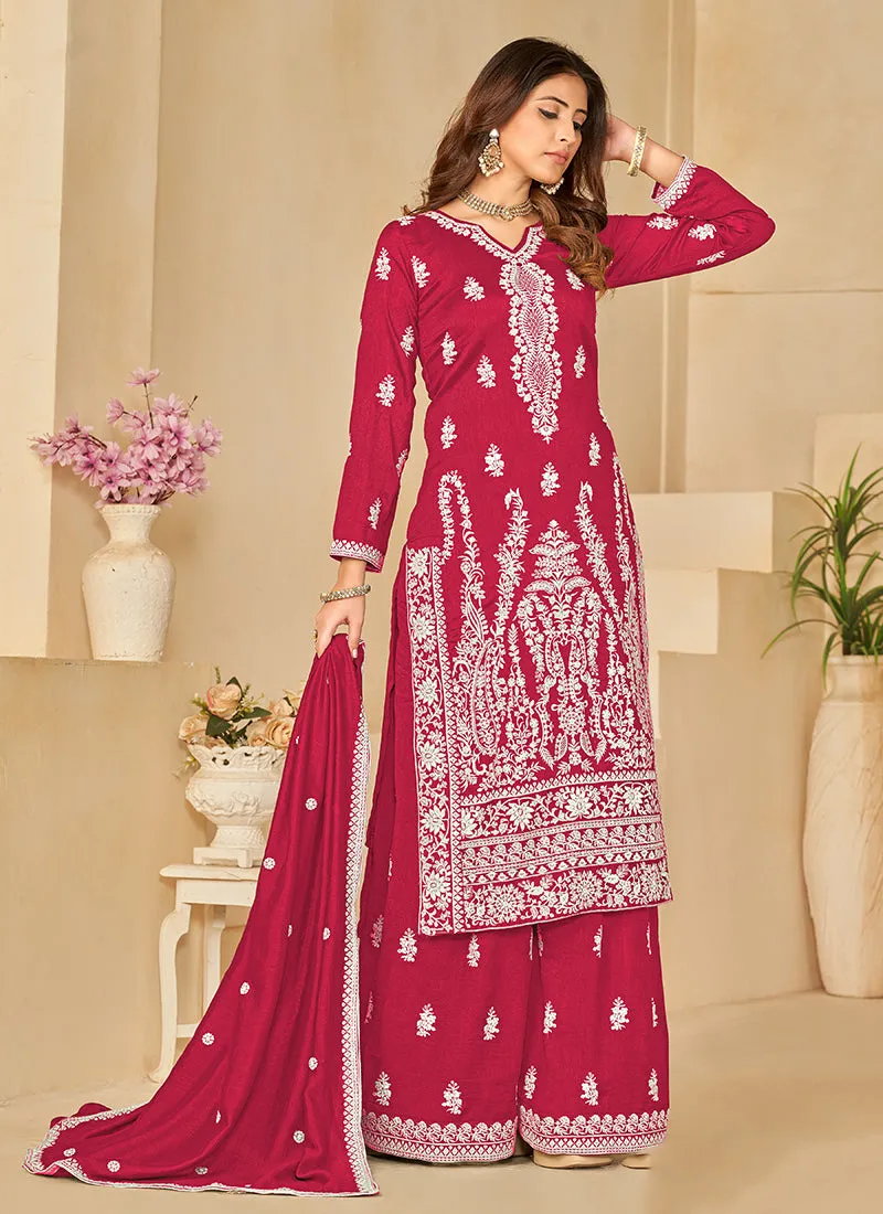 Magenta Sequence Embroidery Traditional Palazzo Suit