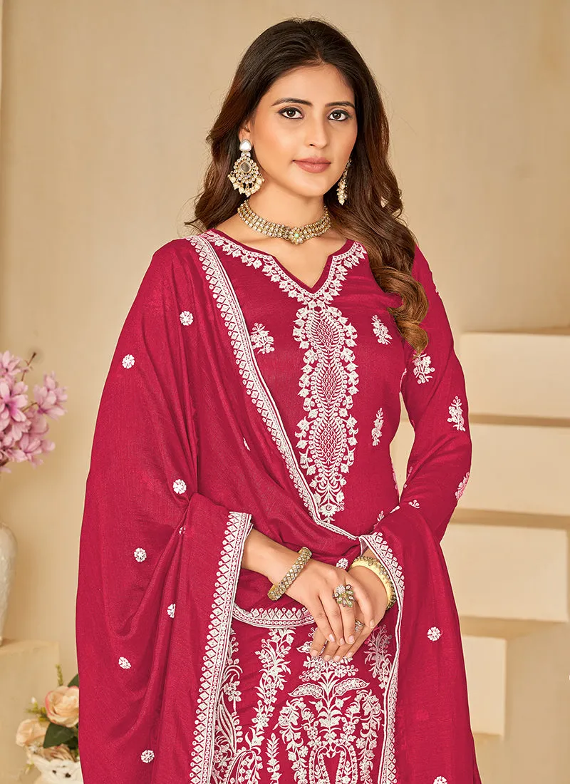 Magenta Sequence Embroidery Traditional Palazzo Suit
