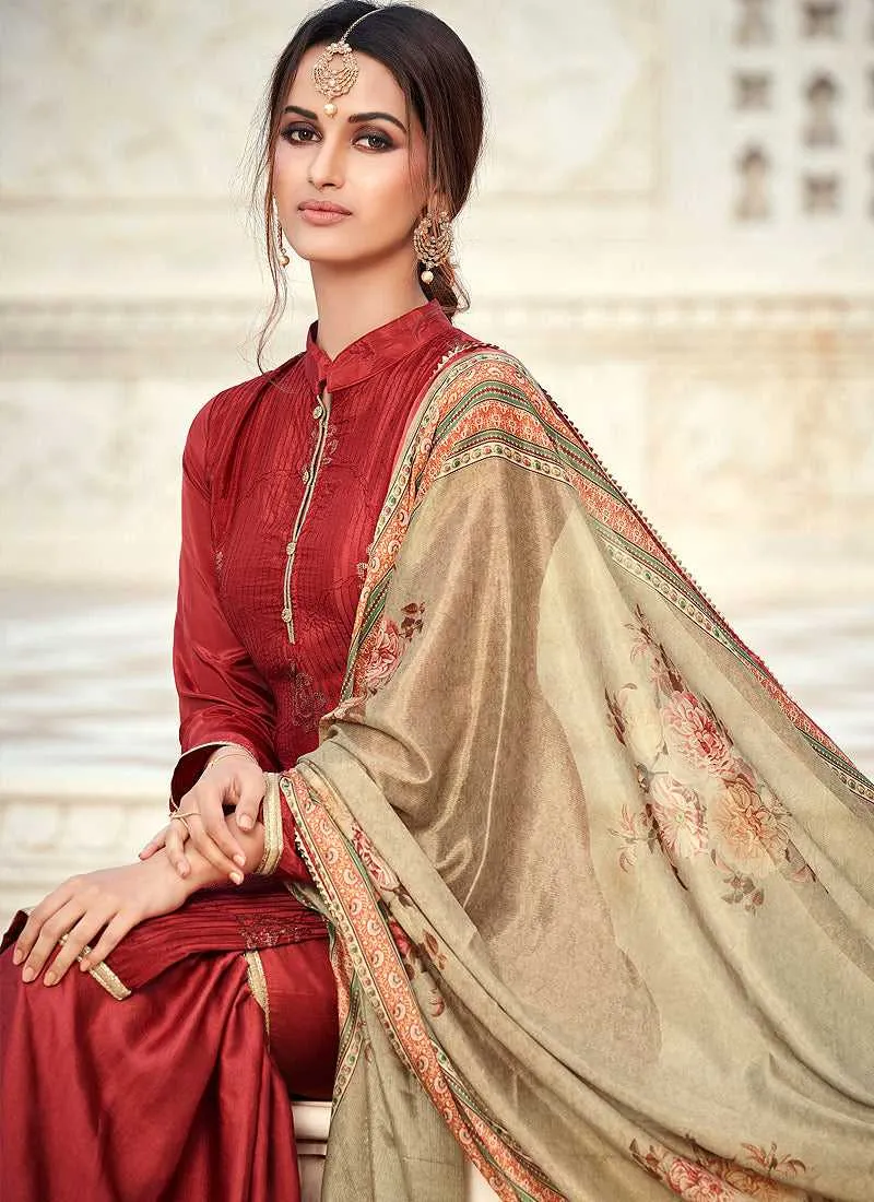 Maroon Silk Work Embroidered Gharara Style Suit