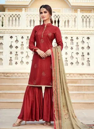 Maroon Silk Work Embroidered Gharara Style Suit