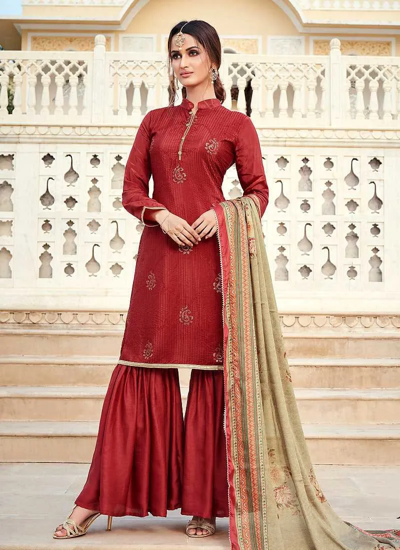 Maroon Silk Work Embroidered Gharara Style Suit
