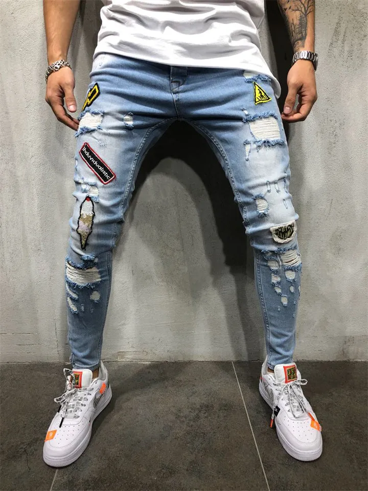 Men Slap-up Frayed Hand Painted Patchwork Jeans