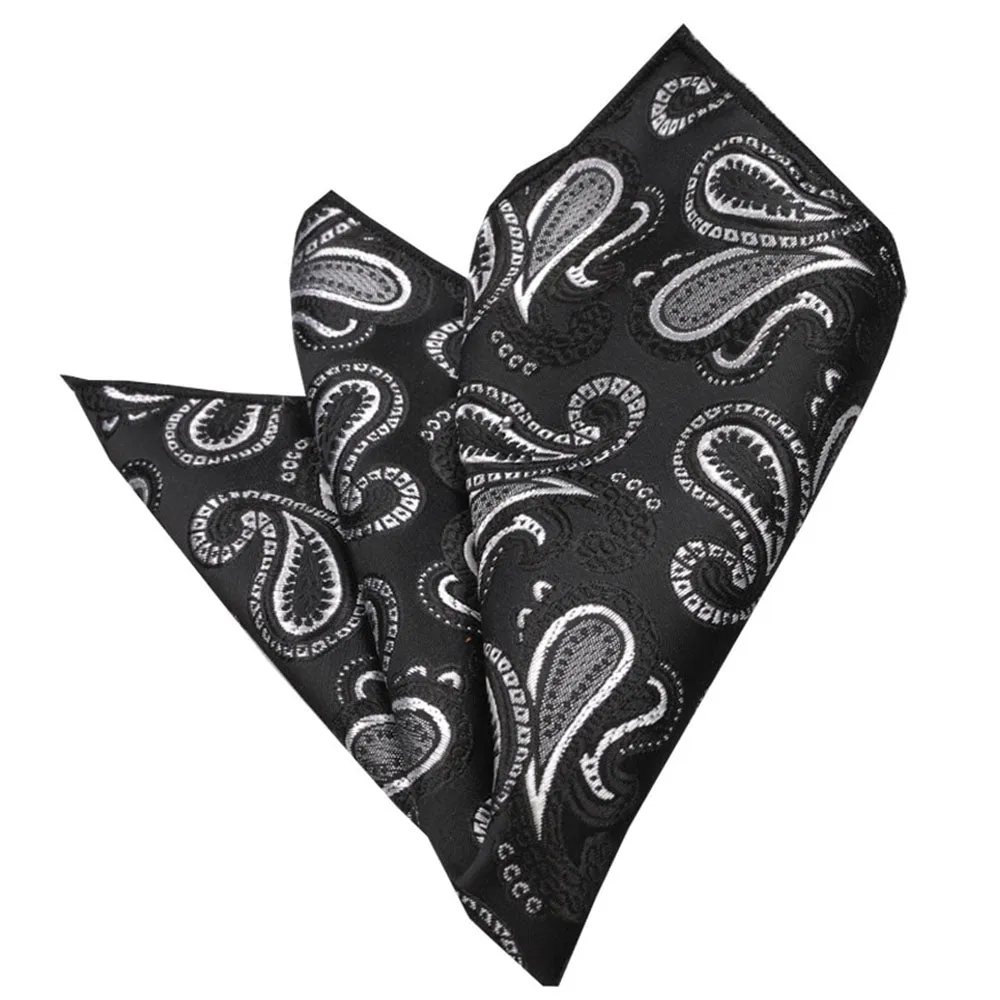 Men's Black Grey Paisley Pocket Square Hanky Handkerchief