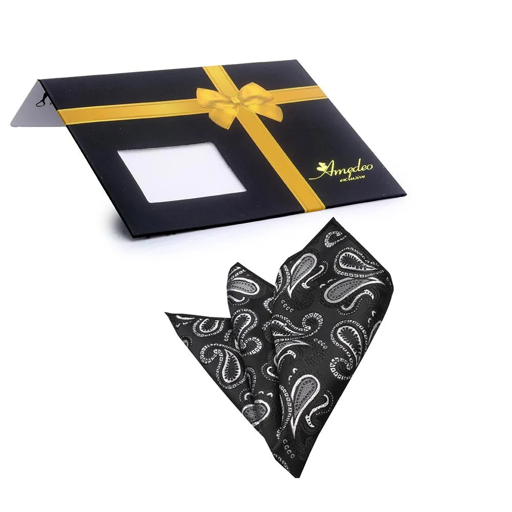 Men's Black Grey Paisley Pocket Square Hanky Handkerchief
