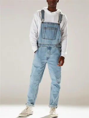 Men's Denim Bibs Straight Neck Multi Pocket Denim Jumpsuit
