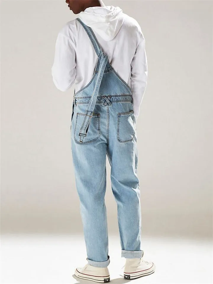 Men's Denim Bibs Straight Neck Multi Pocket Denim Jumpsuit