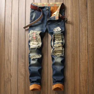 Men's Distressed Patchwork Jeans Up To Size 40