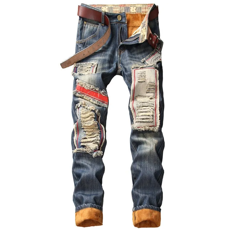 Men's Distressed Patchwork Jeans Up To Size 40
