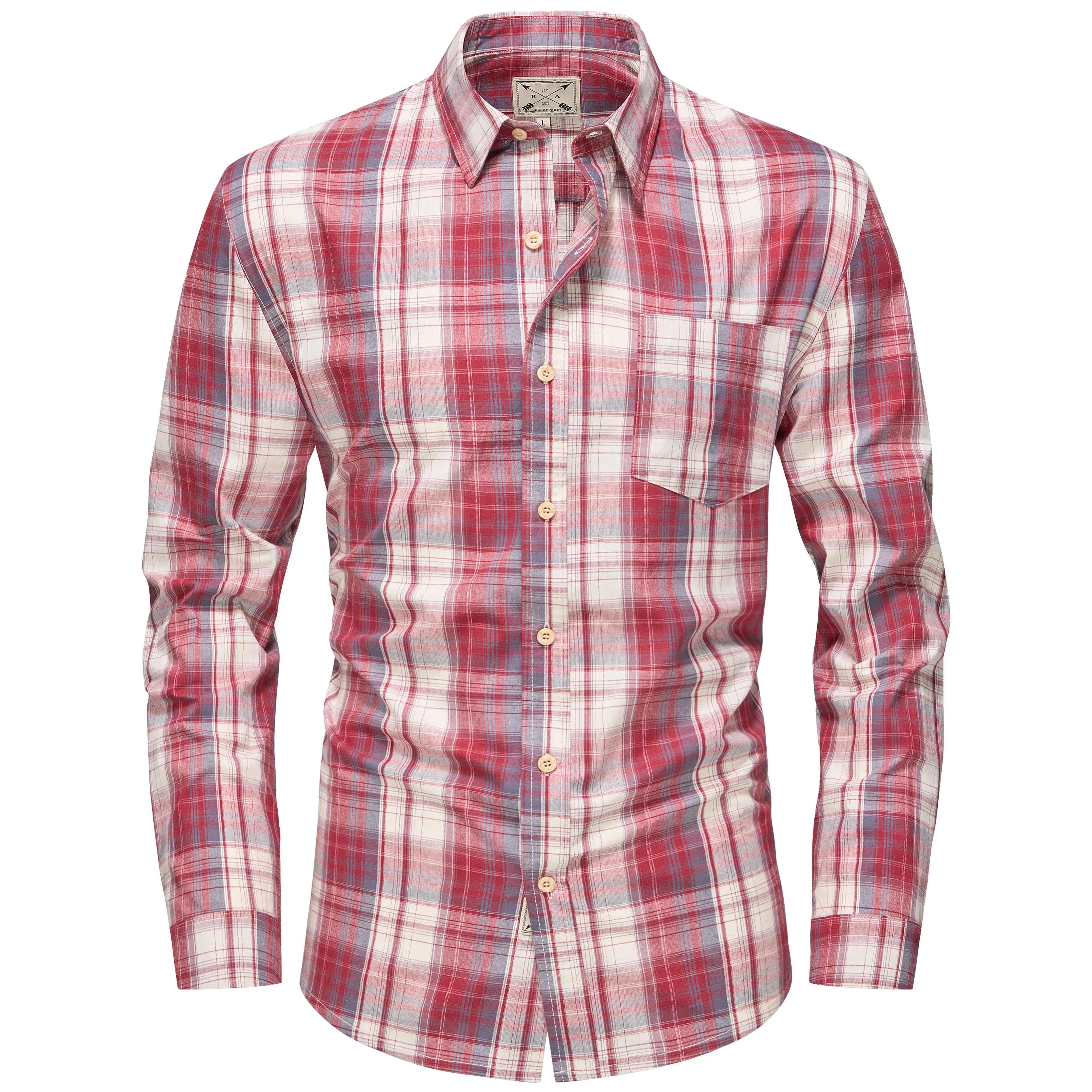Men's Long Sleeve Checked Cotton Shirt - Green / Brown