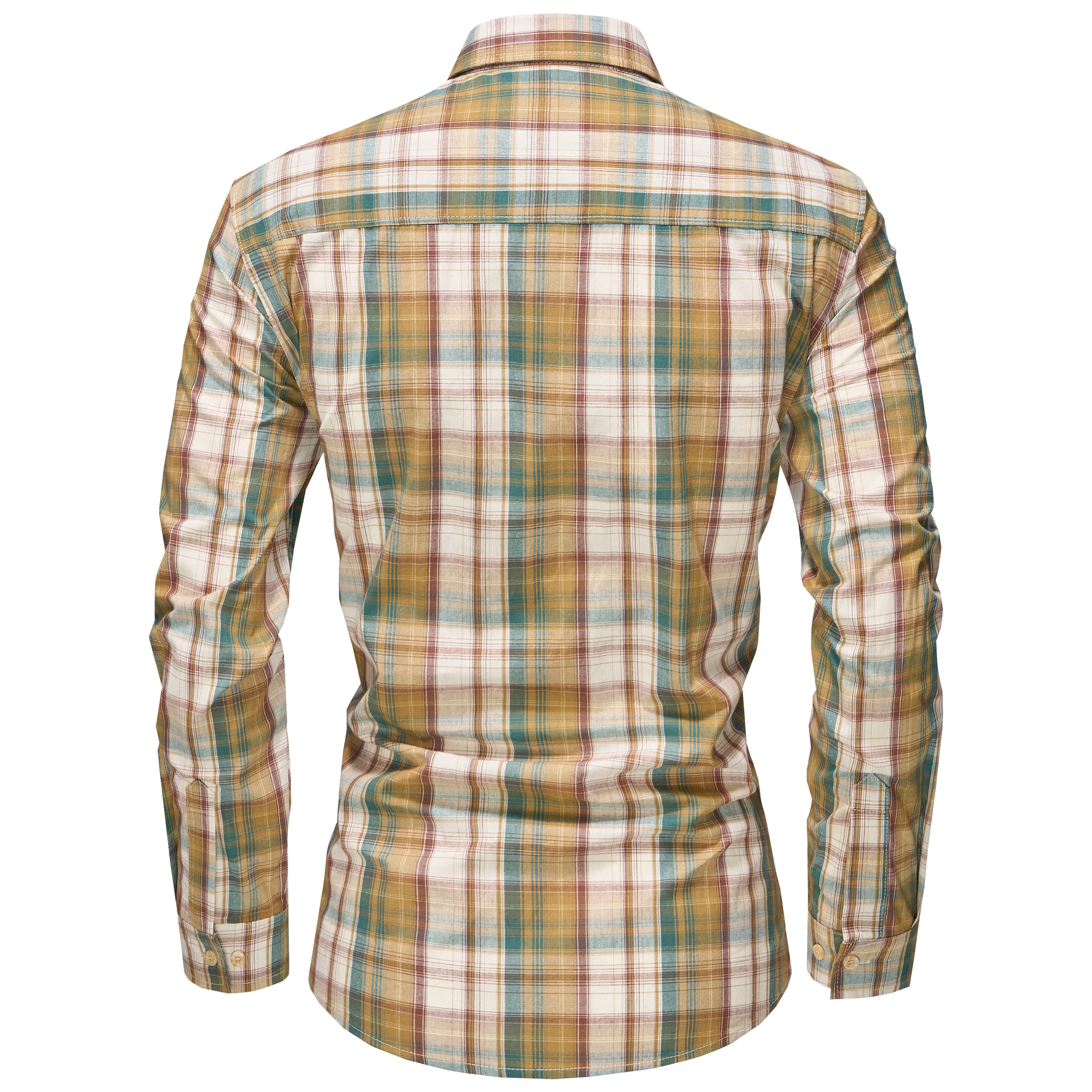 Men's Long Sleeve Checked Cotton Shirt - Green / Brown