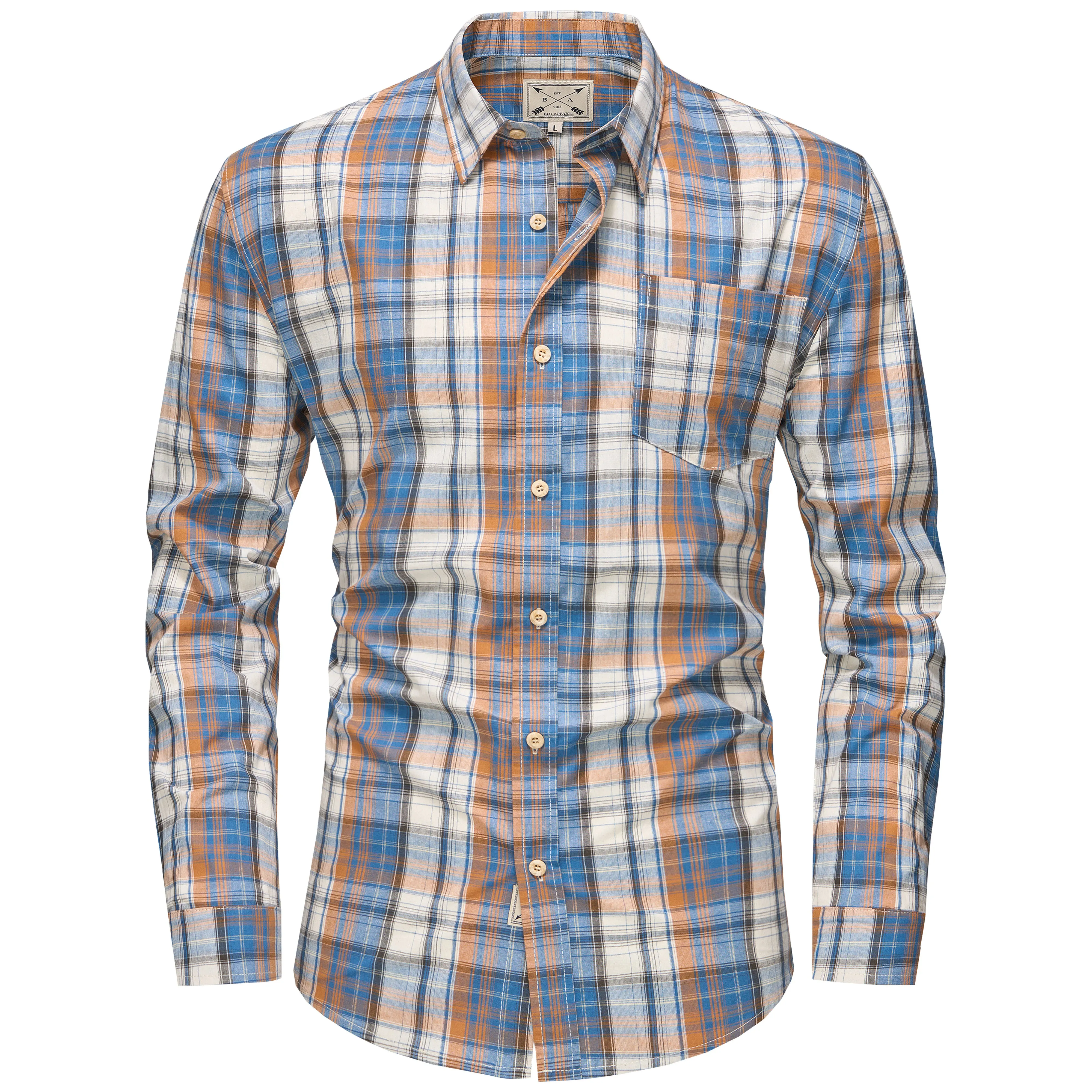 Men's Long Sleeve Checked Cotton Shirt - Green / Brown