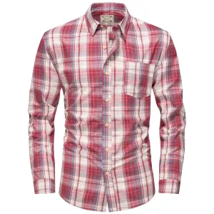 Men's Long Sleeve Checked Cotton Shirt - Green / Brown