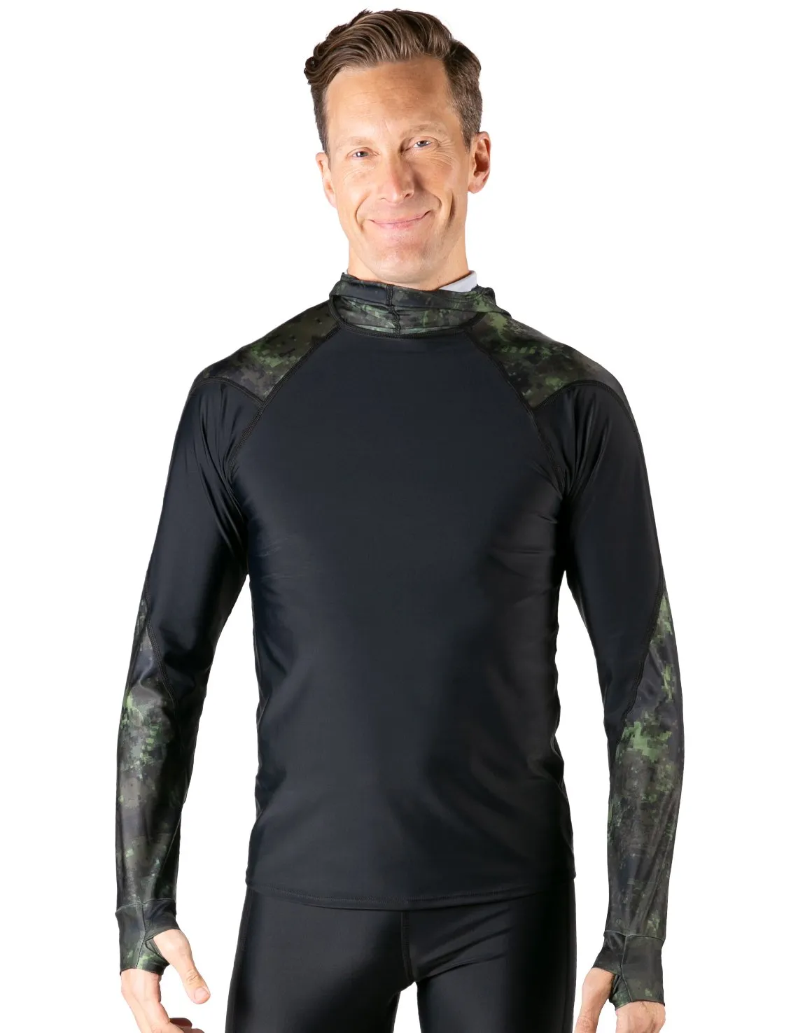 Men's  Swim Crest Rash Guard with Fitted Hoodie - Green Camo