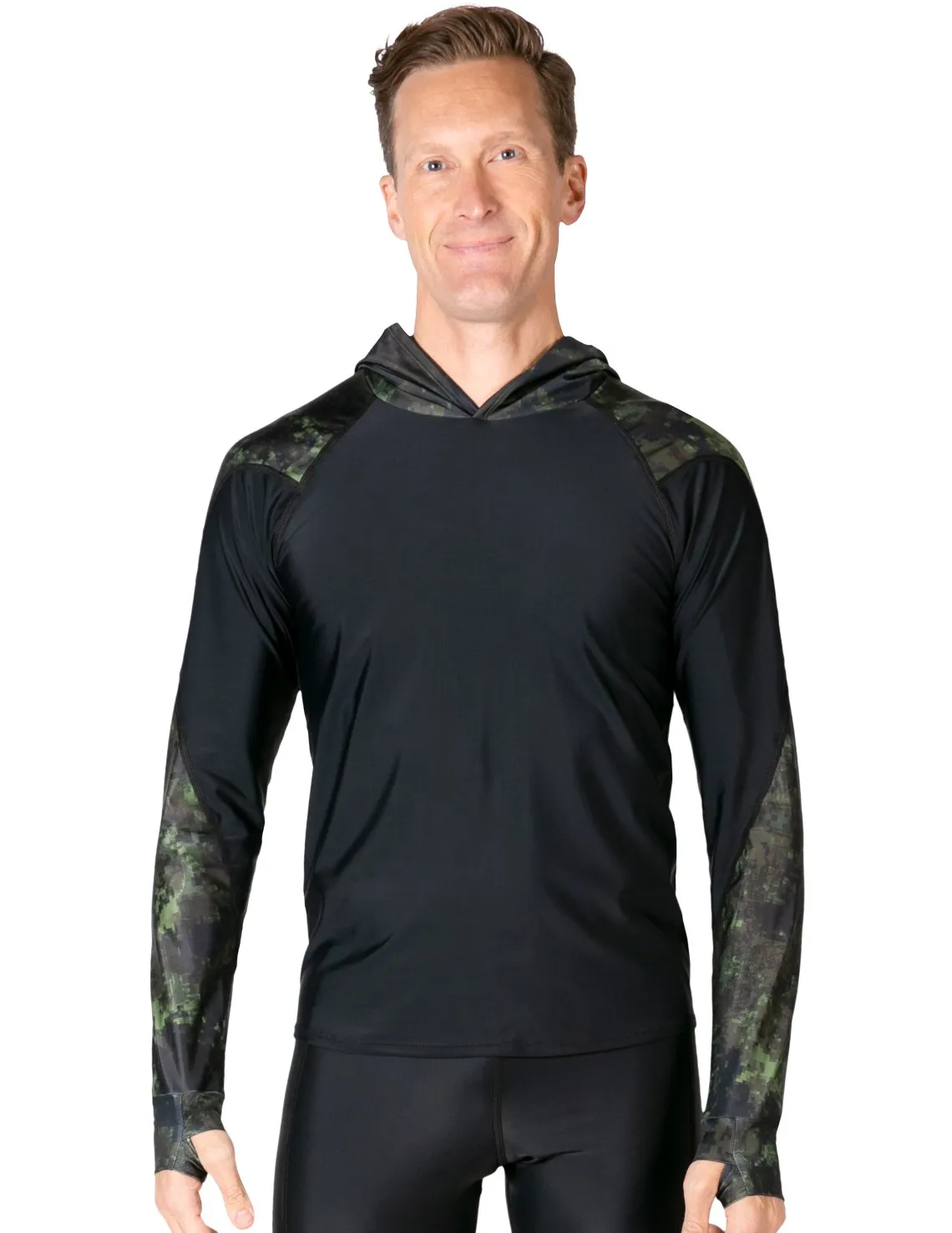 Men's  Swim Crest Rash Guard with Relaxed Hoodie - Green Camo