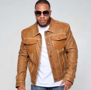 Men's Tan Custom Made Alligator Denim Style Trucker Jacket