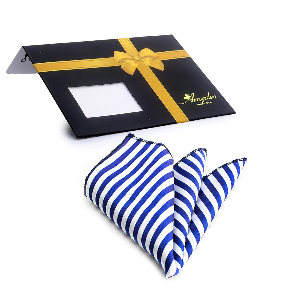 Men's White Blue Lines Pocket Square Hanky Handkerchief
