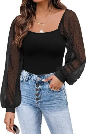 Mesh Long Sleeve Shirts Casual Blouses
