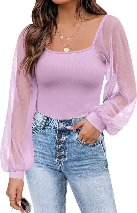 Mesh Long Sleeve Shirts Casual Blouses