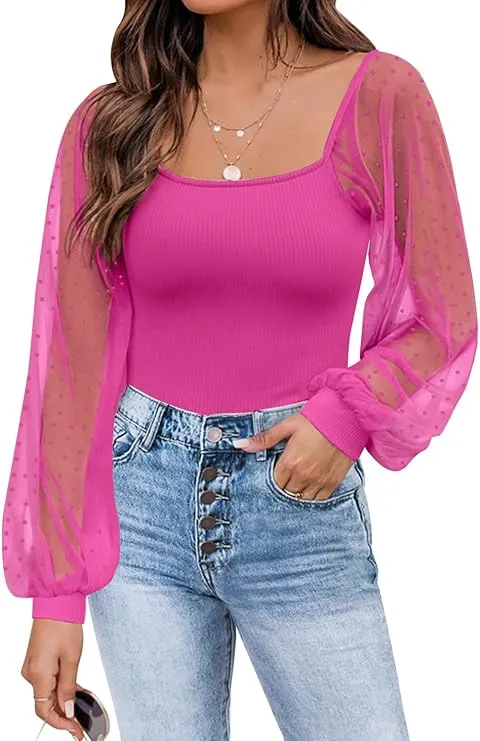 Mesh Long Sleeve Shirts Casual Blouses
