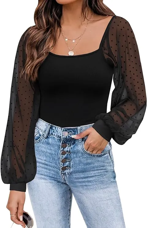 Mesh Long Sleeve Shirts Casual Blouses