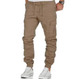 Multi-pocket Elastic Waist Solid Color Pants