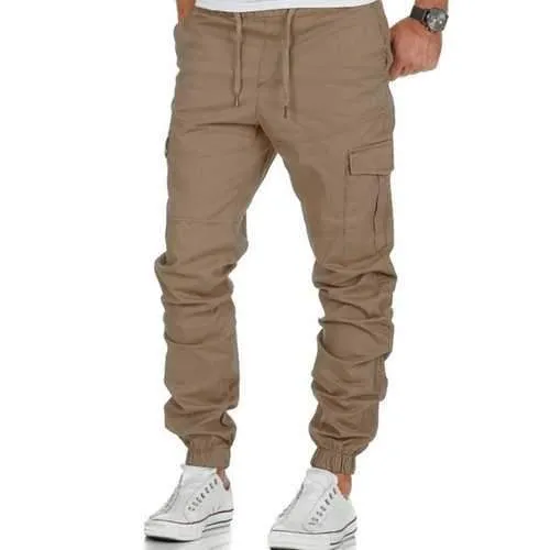 Multi-pocket Elastic Waist Solid Color Pants