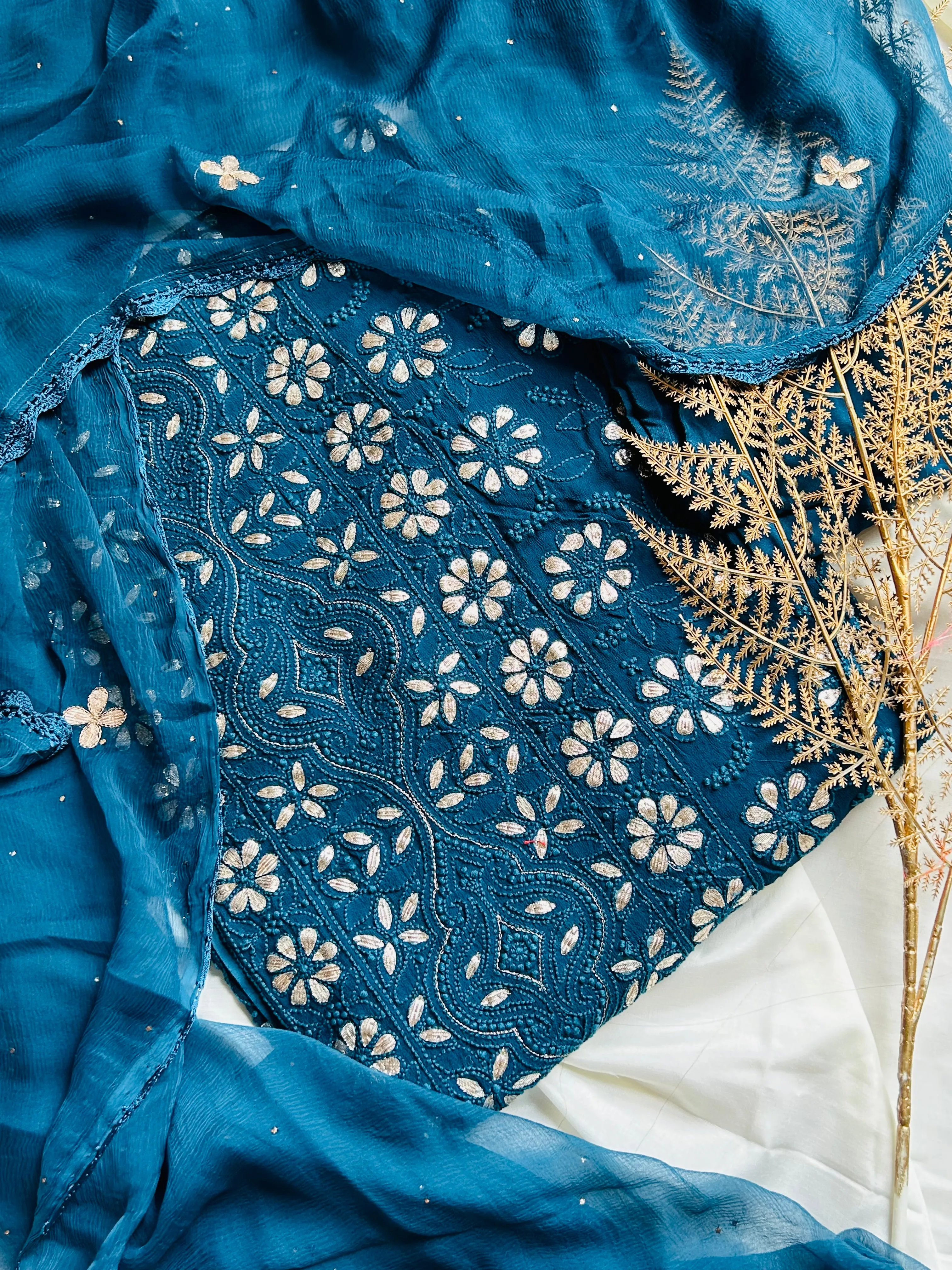 Navy Blue Lucknowi Chikankari Gota Patti Unstitched Salwar Kameez