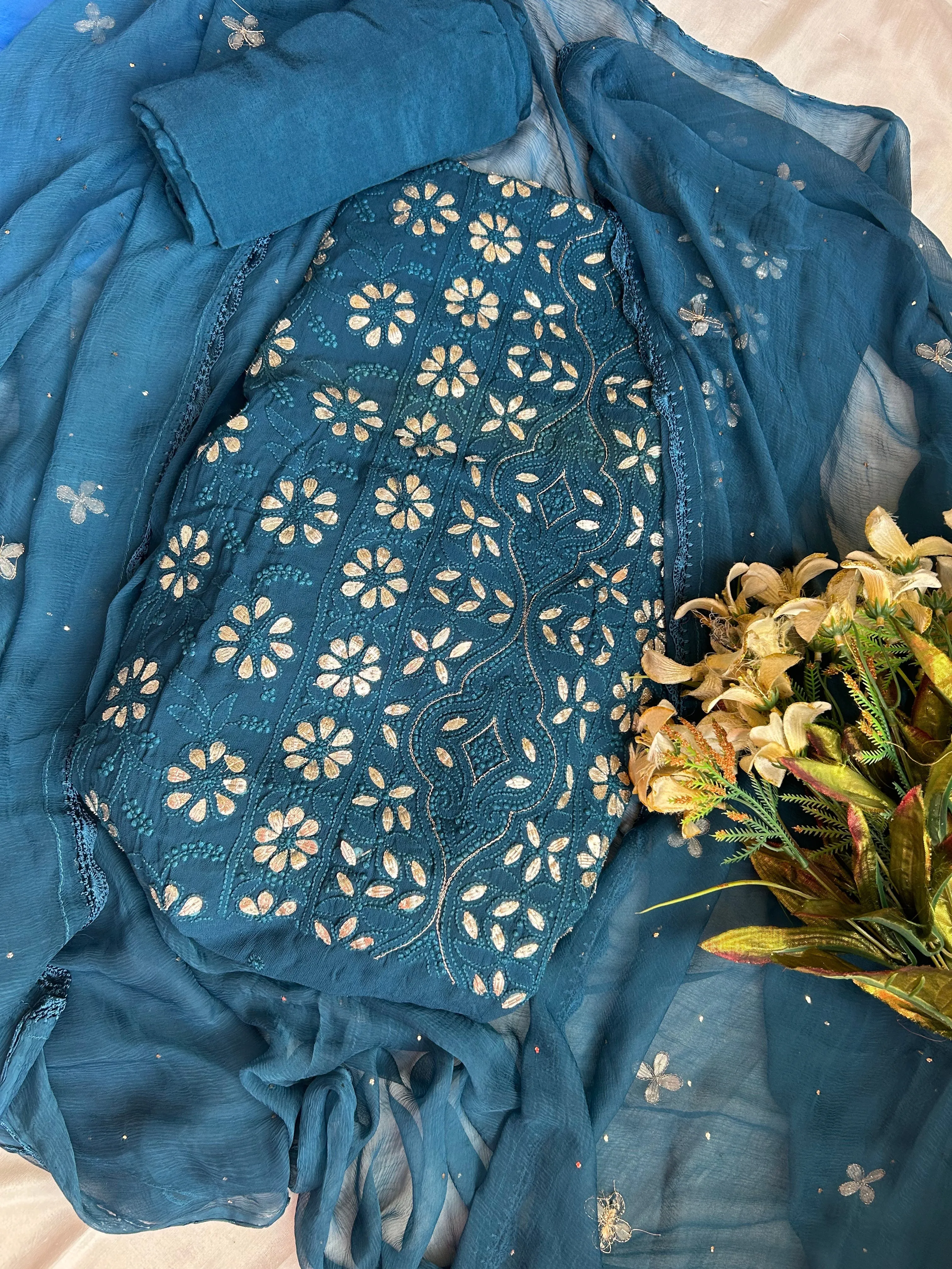 Navy Blue Lucknowi Chikankari Gota Patti Unstitched Salwar Kameez