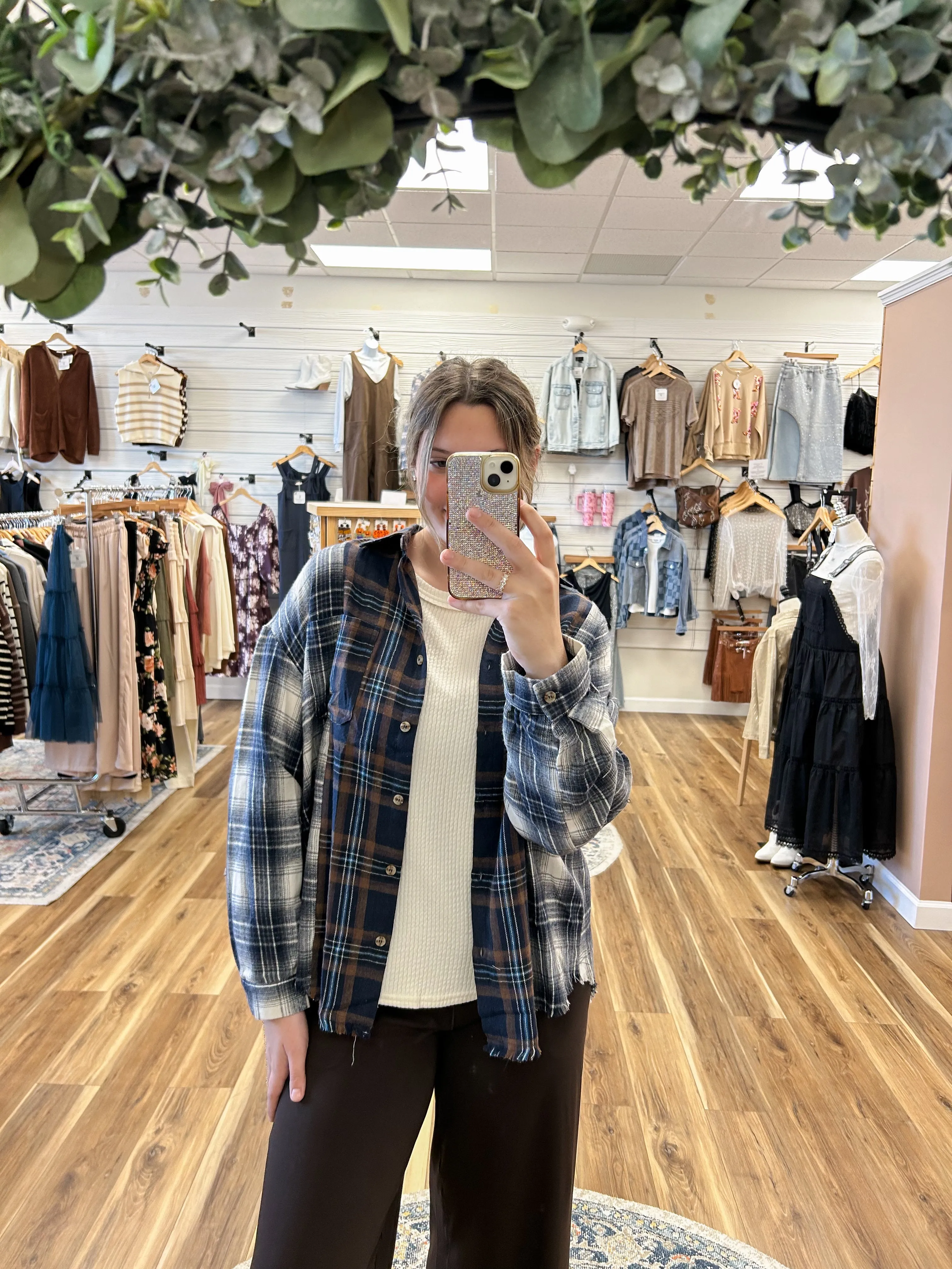 Navy Plaid Patchwork Button Up Flannel Top