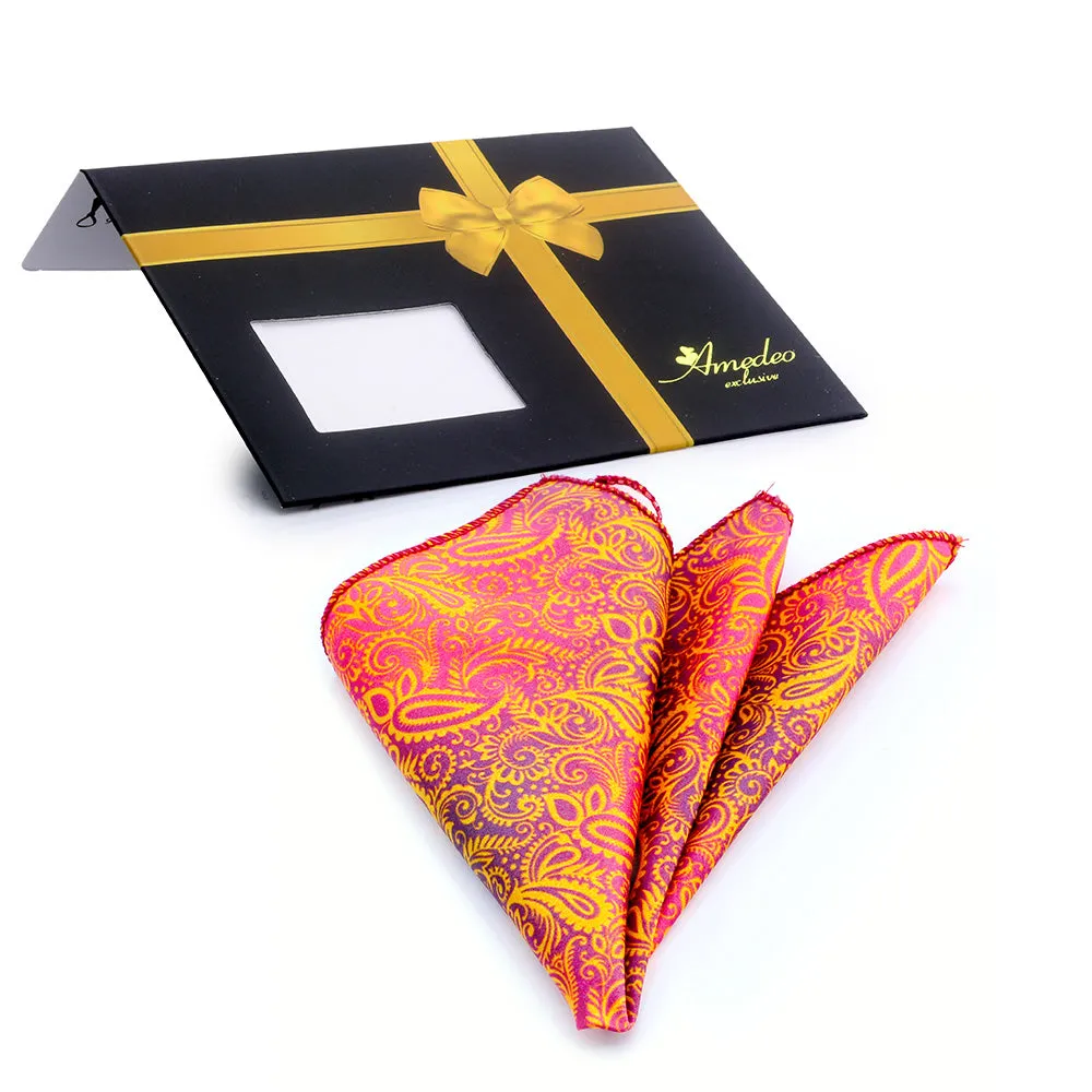 Orange & Blue Paisley Mens Pocket Square - Premium Silk Handkerchiefs for Suits