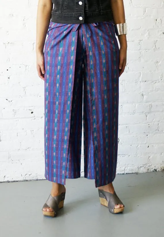 Palazzo Cotton Handwoven Cobalt Blue Stripe Ikat Wrap Pants