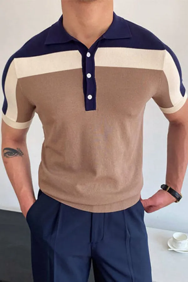 Patchwork Knitwear Short Sleeve Contrast Color Men's Slim Fit Polo Shirt