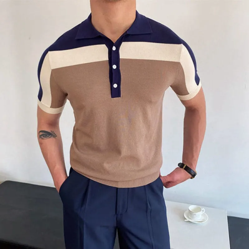 Patchwork Knitwear Short Sleeve Contrast Color Men's Slim Fit Polo Shirt