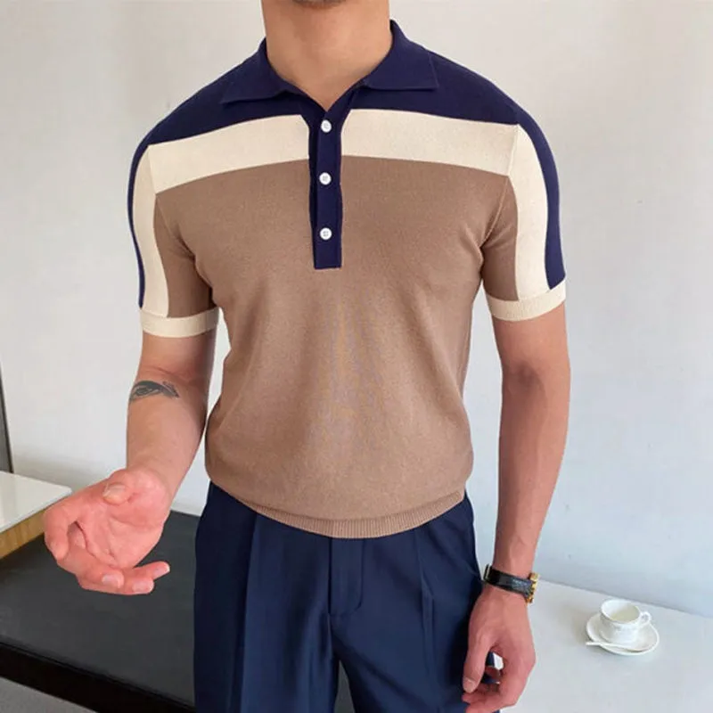 Patchwork Knitwear Short Sleeve Contrast Color Men's Slim Fit Polo Shirt