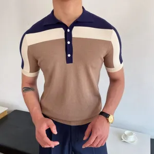 Patchwork Knitwear Short Sleeve Contrast Color Men's Slim Fit Polo Shirt