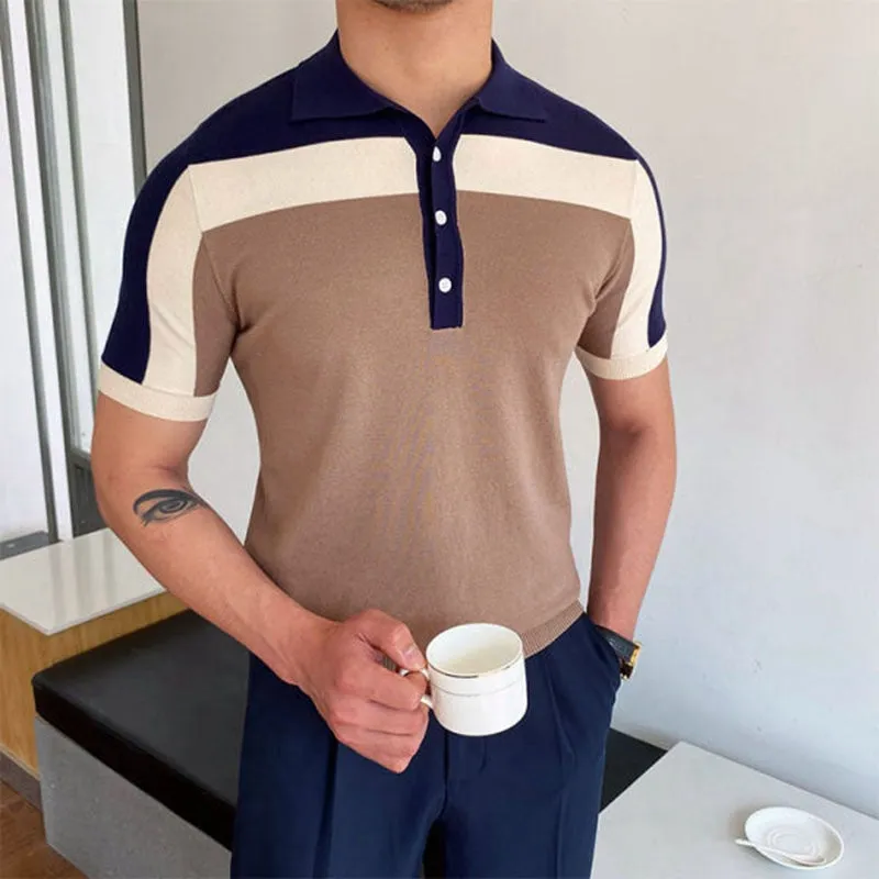Patchwork Knitwear Short Sleeve Contrast Color Men's Slim Fit Polo Shirt